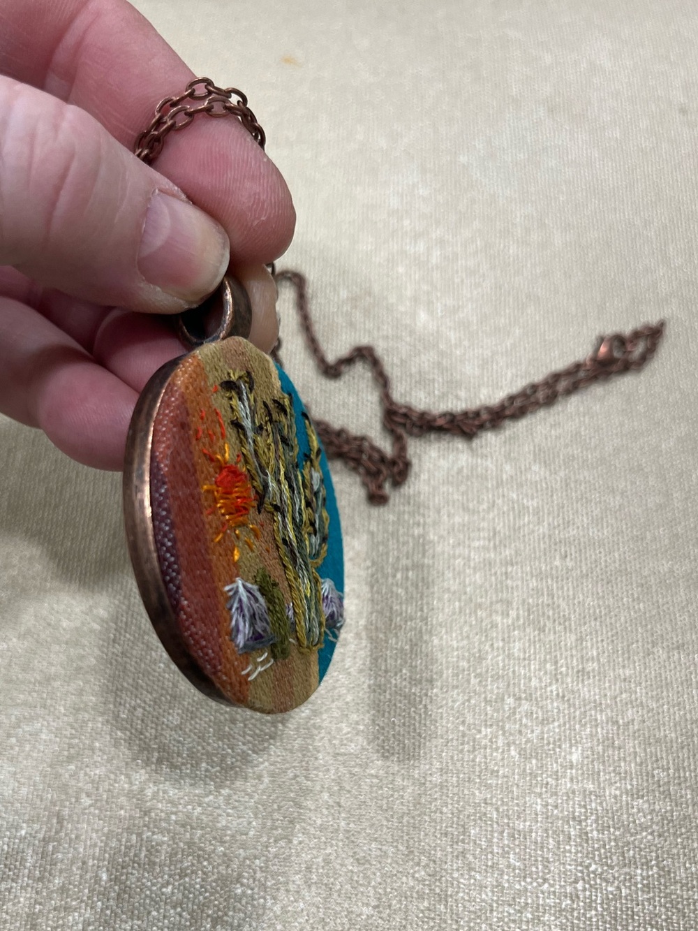 Hand-Embroidered Desert Cactus Pendant Necklace - Multicolor - Picture 4 of 4